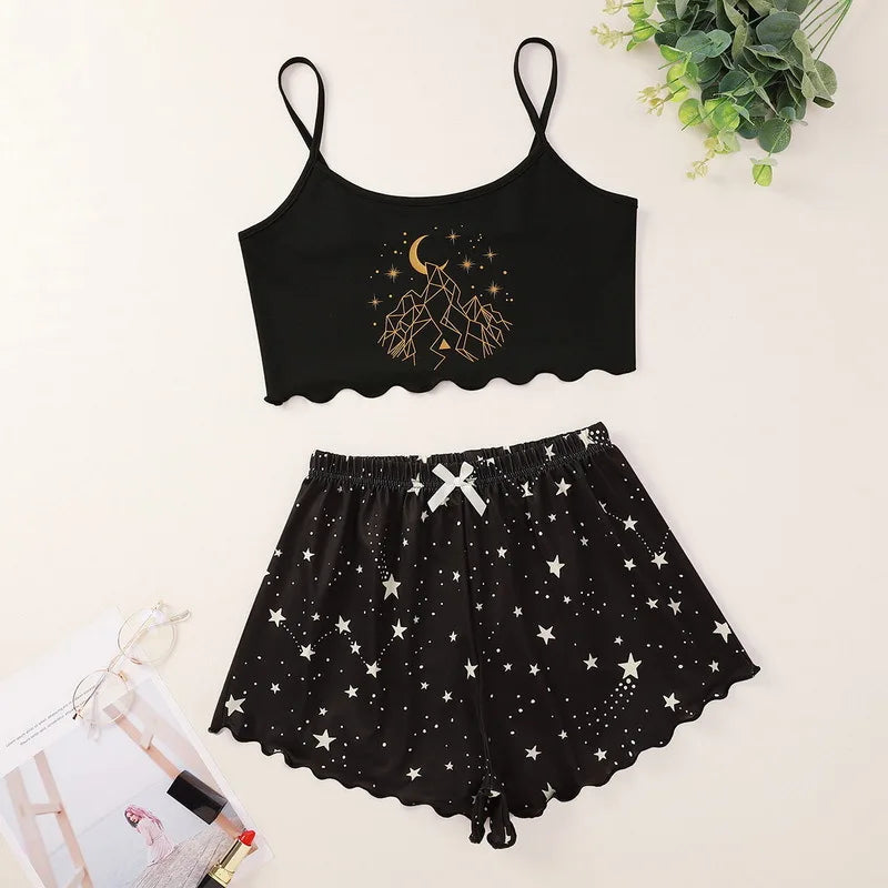 Summer Silk Satin Pyjama Pajamas for Women Sexy Sleepwear Sling Top Shorts Pajama Set Cartoon Pattern Printing 2-Piece Homewear