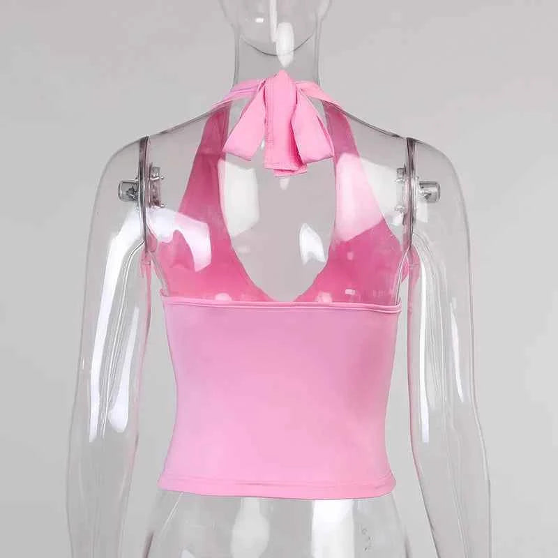 Summer Halter Camisole Tank Top Women V-Neck Sexy Tanks Camis Skinny Backless Pink Corset Tee Shirt Femme Tops WomanT-shirt