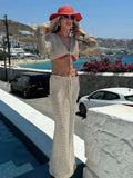 Solid Colour Sexy Beachwear Swimsuit Cover Up Knit Two-piece 2026 Summer Women's Big Bell Sleeve Lace-up Top Long Skirt Set K128