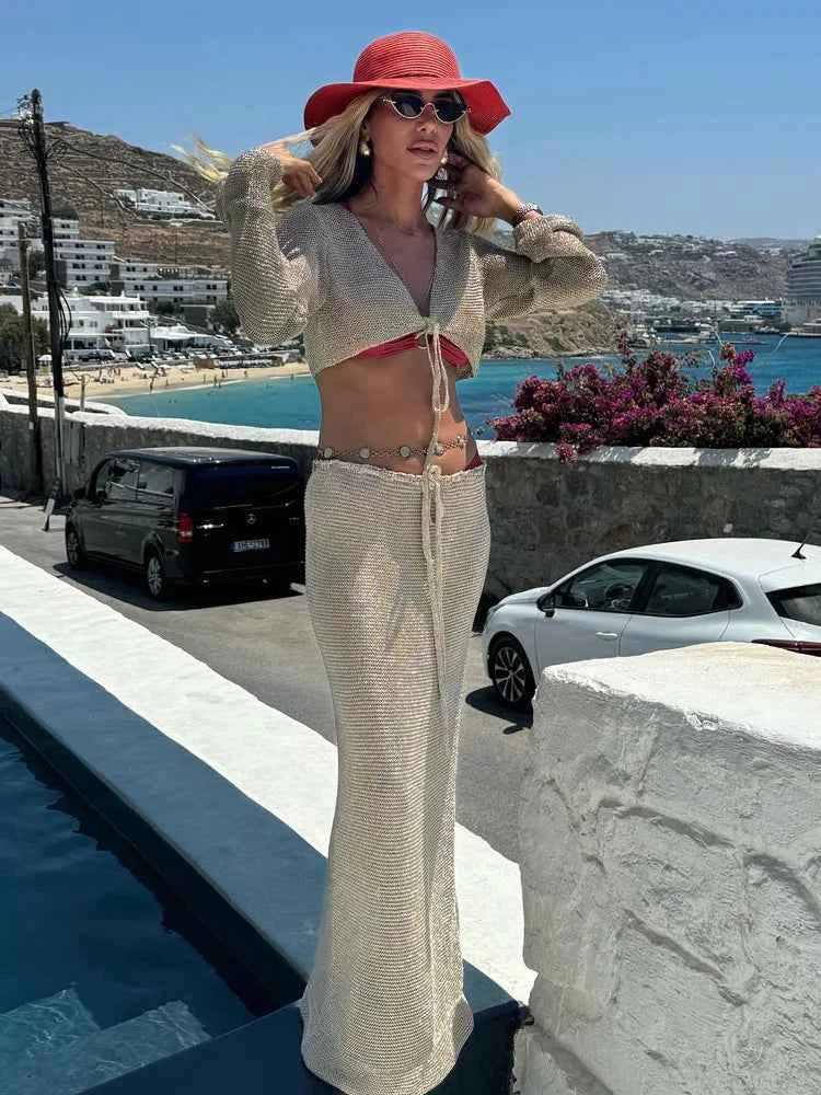 Solid Colour Sexy Beachwear Swimsuit Cover Up Knit Two-piece 2026 Summer Women's Big Bell Sleeve Lace-up Top Long Skirt Set K128