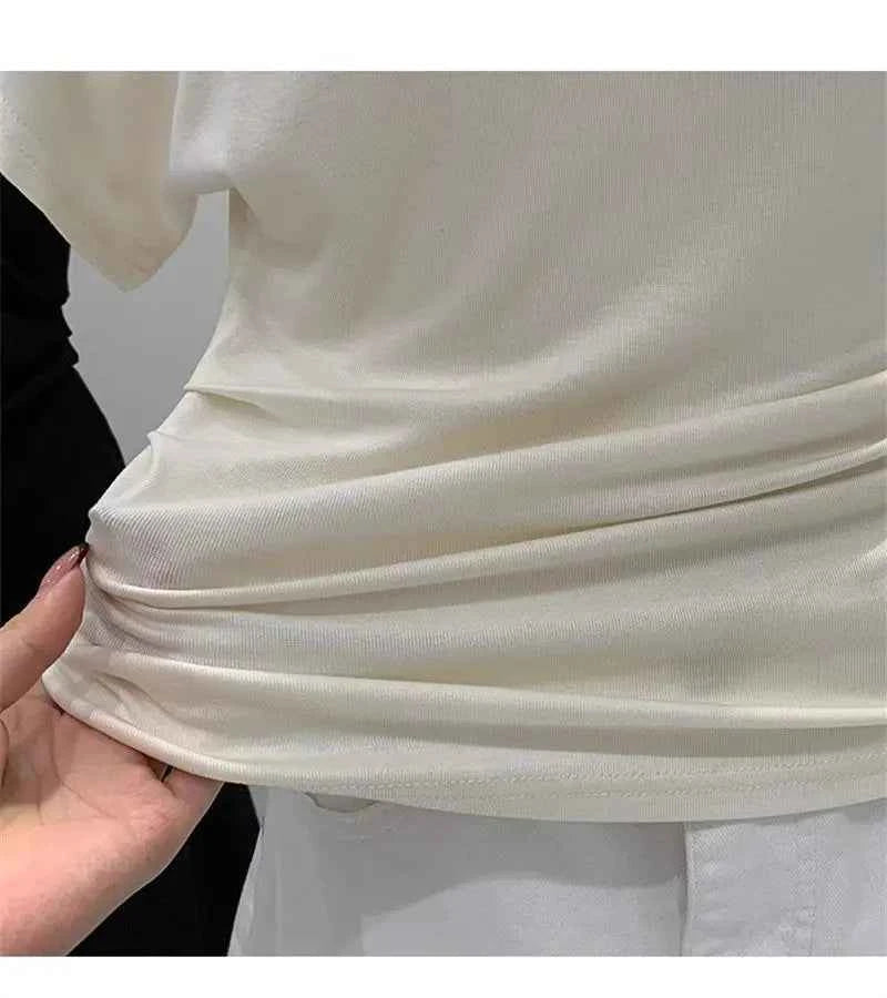 Summer One Shoulder Black Women's T-shirt Short Sleeve Korean Style Slimming Top Exposed Shoulder Fashionable