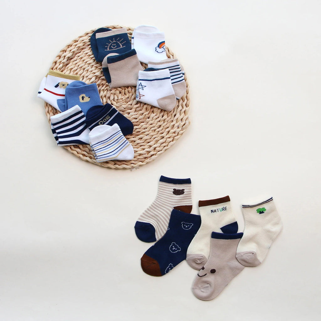 5 Pairs Summer Cotton Socks for Boy Girl Cute Cartoon Thin Breathable Baby Middle Tube Socks Fashion Stripe Kids Socks 0-3 Years