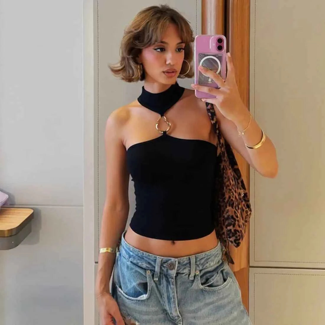 Metal Buckle Decoration Tank Tops Women Turtleneck Off Shoulder Skinny Stretch Street Fashion Wild Style Solid Outfits
