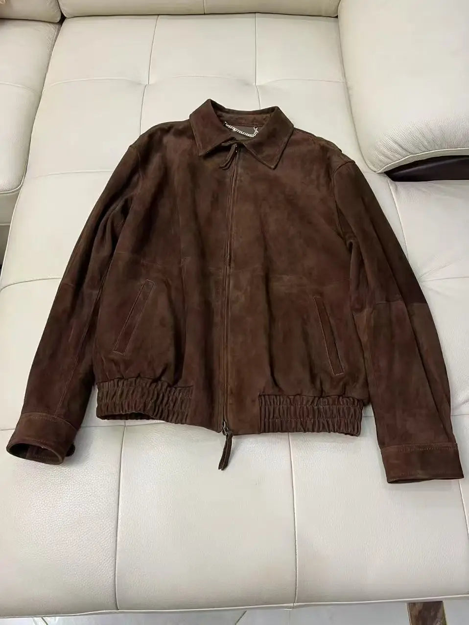 Brown Suede Jacket Spring Women Sheepskin Vintage Old Money Style Wide Shoulder Casual Baseball Leather Coat Giacca Pelle Donna