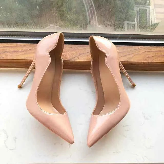 Tikicup Solid Nude Patent Women Pointy Toe Stiletto High Heels Slip On OL Wedding Party Dress Shoes Elegant Ladies Formal Pumps