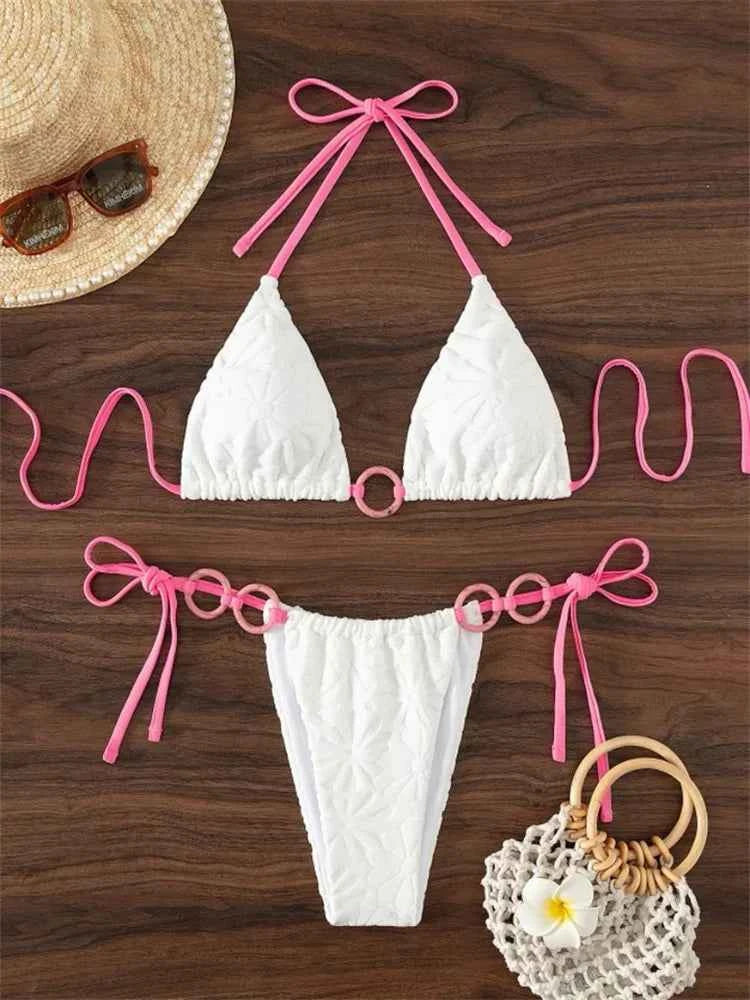 Sexy Triangle Bikini Women White Contrast Ring Linked Criss Cross Micro Swimsuit 2024 Beach Bathing Suit Tie Side Thong Swimwear