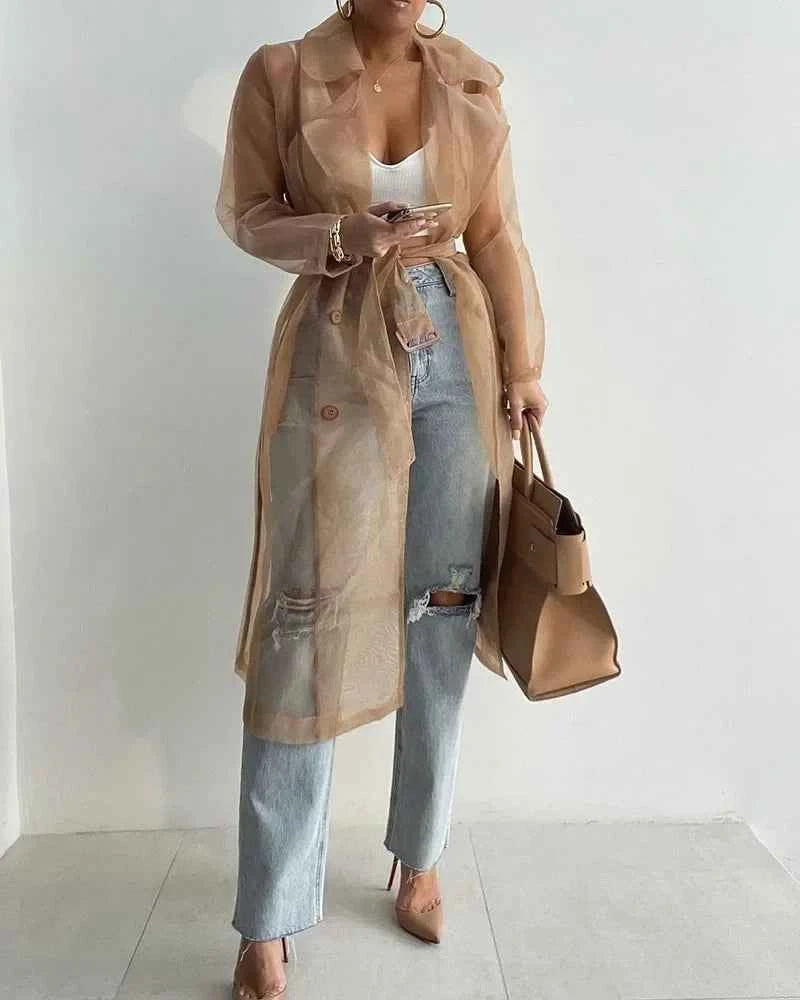 Joskaa Solid Organza See Through Lapel Full Sleeve Trench 2023 Summer Women Fashion Buttoned Coat with Belt Elegant Shirts