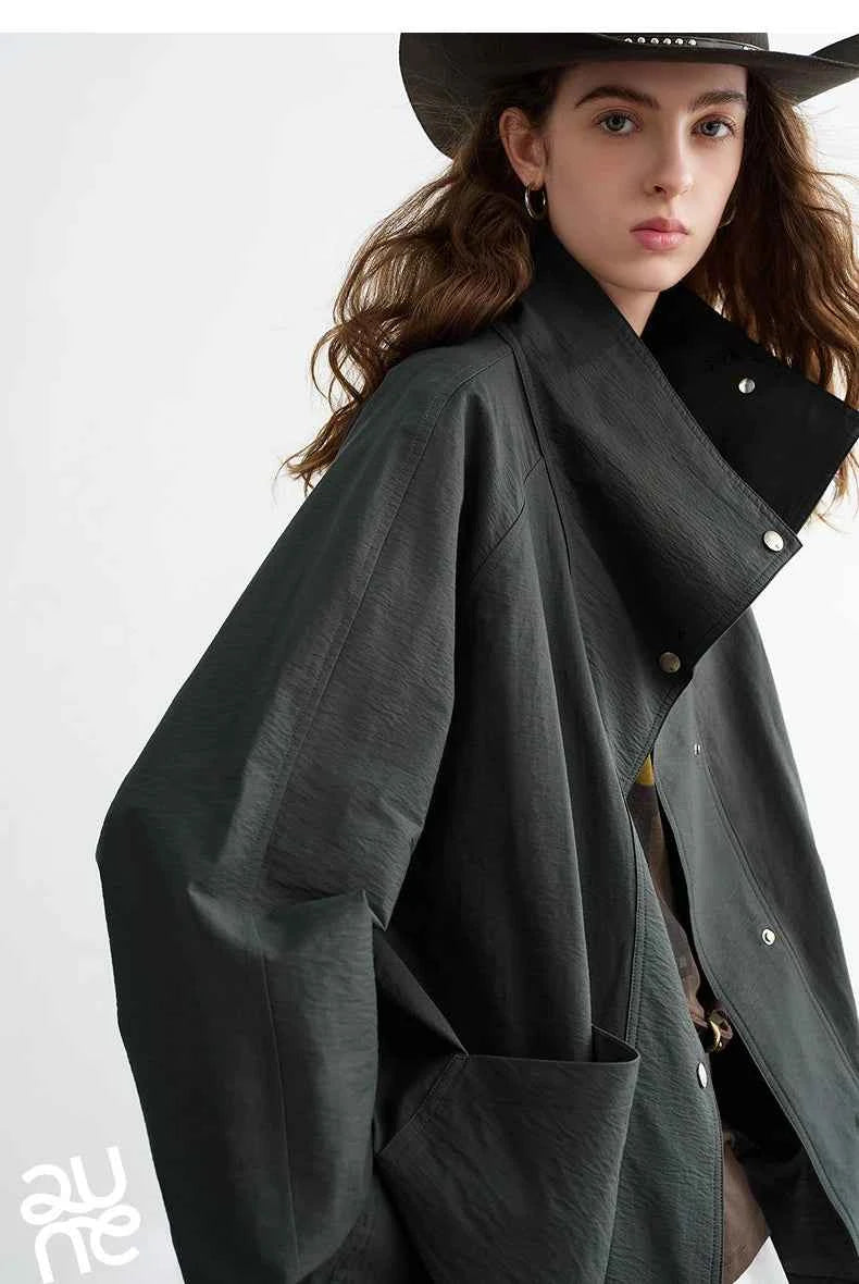 TOYOUTH Women's 2026 Spring New Loose Stand-Collar Utility-Style Lightweight Jacket Coat with Slub Wrinkle Texture