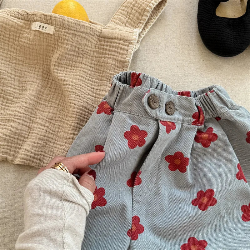 2026 Spring New Children Casual Pants Fashion Flower Print Girls Harem Pants Cotton Kids Loose Trousers Boys Cute Baby Clothes