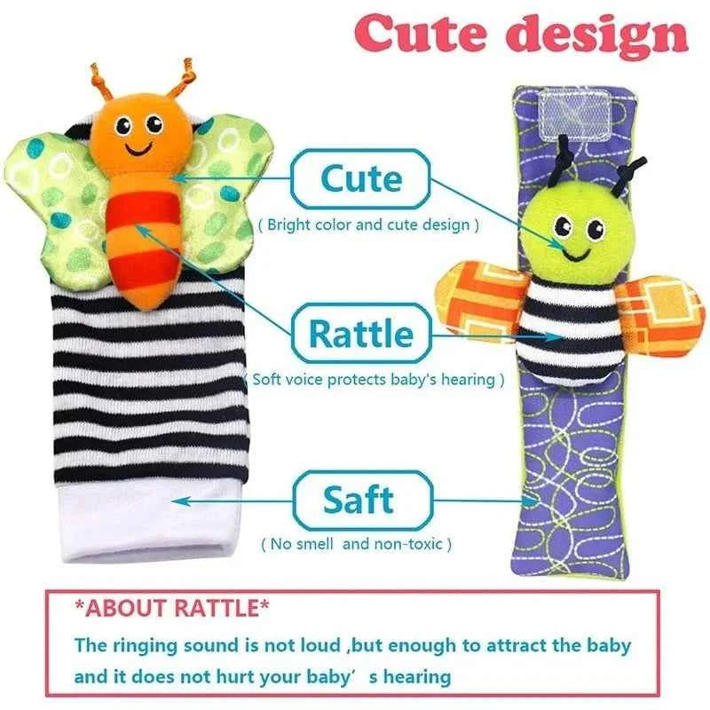 4pcs Baby Toy 0-12 Months Baby Rattles Toys Animal Socks Wrist Strap + Rattle Baby Foot Socks Bug Wrist Strap Baby Socks New
