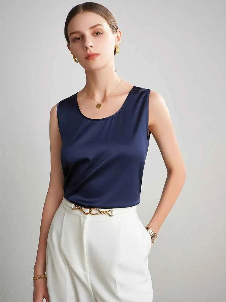 SuyaDream. Women Basic Cozy Tanks, 100%Real Silk, O neck Sleeveless Chic T Shirt, 2025 Solid Summer Vests, White, Pink, Beige