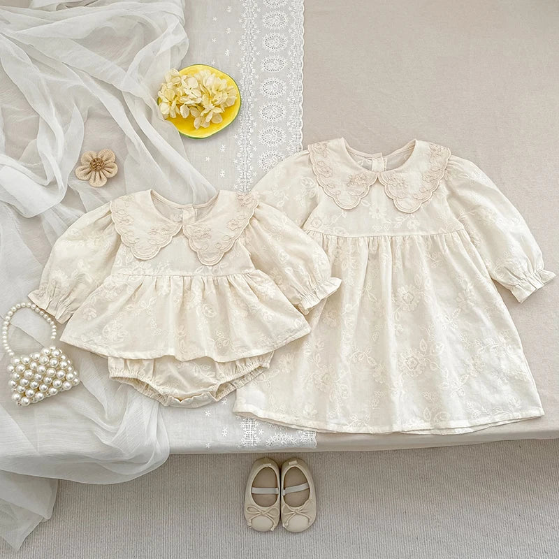 Autumn Baby Bodysuit Sisters Dress Flower Embroidery Dress Infant Girls Toddler Outfit  Baby Girls Rompers Family Sister Dress
