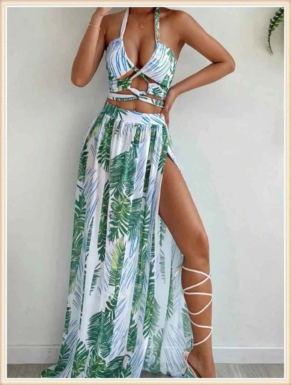 3 Pieces Print Cross Bikini 2025 Women Sexy Halter Swimsuit & Cover Up Beach Dress Swimwear Bathers Bathing Swimming Suit Summer