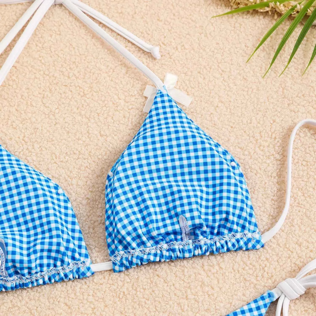 Circyy 2026 Bathing Suit Women Plaid Dot Split Swimsuit Neck-mounted Bow Tie Beachwear Vintage Simple Two-piece Bikinis Summer