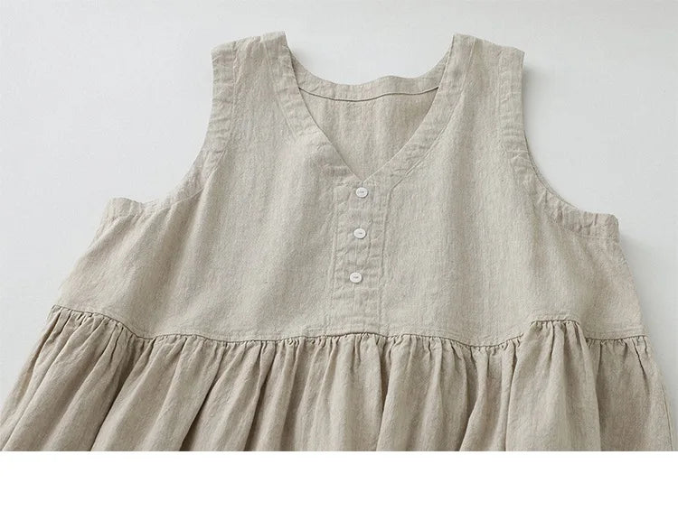 2026 New Women's Cotton Linen Sleeveless Dress Casual V Neck Button Down Loose Midi Dresses for Summer Women's Casual Dresses