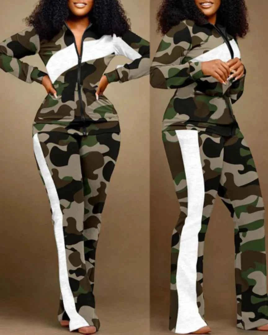 Two Piece Set Women Outfit 2023 Autumn Fashion Geometric Print Stand Collar Long Sleeve Zip Up Top & Casual Sporty Pants Set