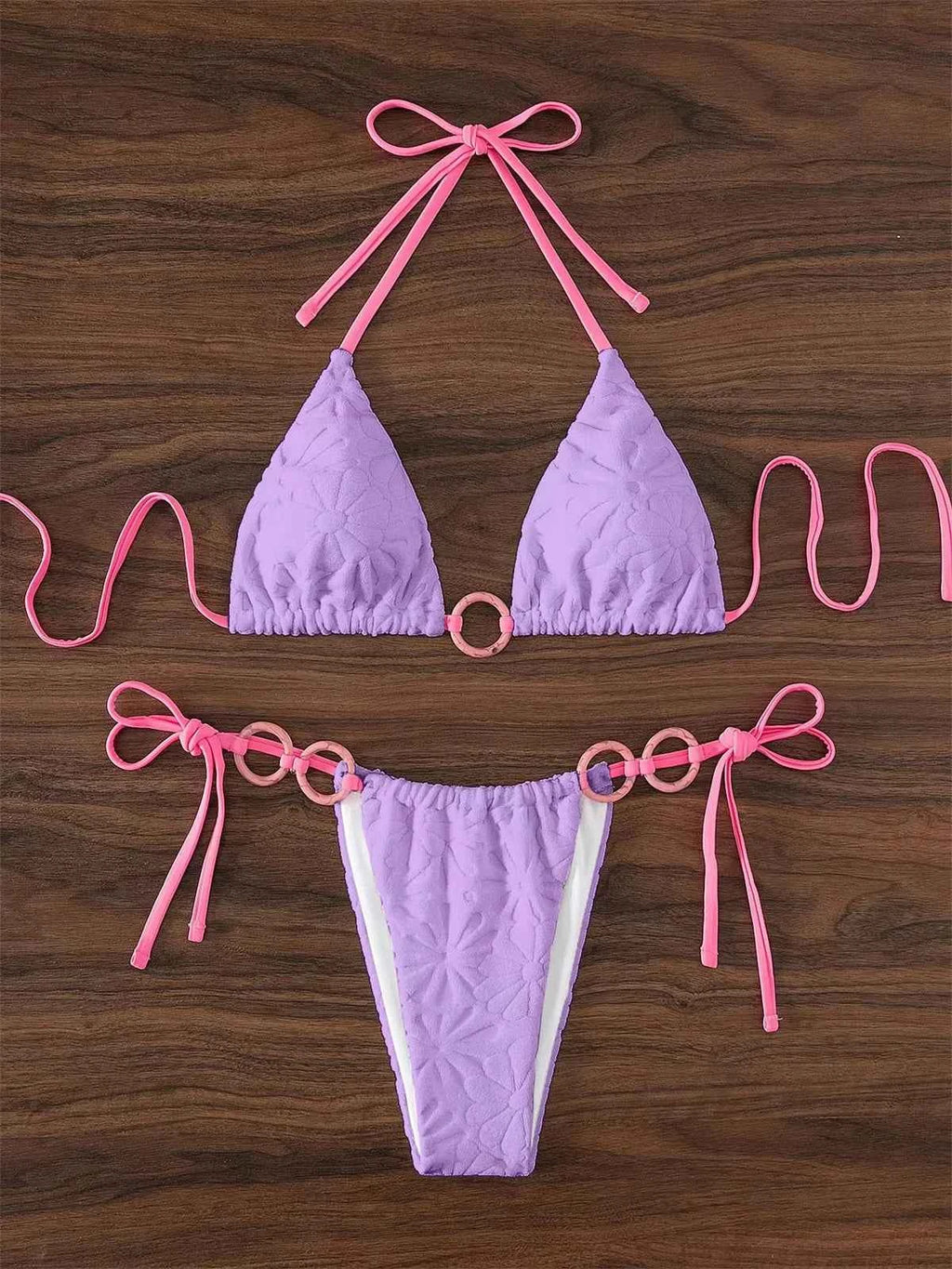 Sexy Triangle Bikini Women White Contrast Ring Linked Criss Cross Micro Swimsuit 2024 Beach Bathing Suit Tie Side Thong Swimwear