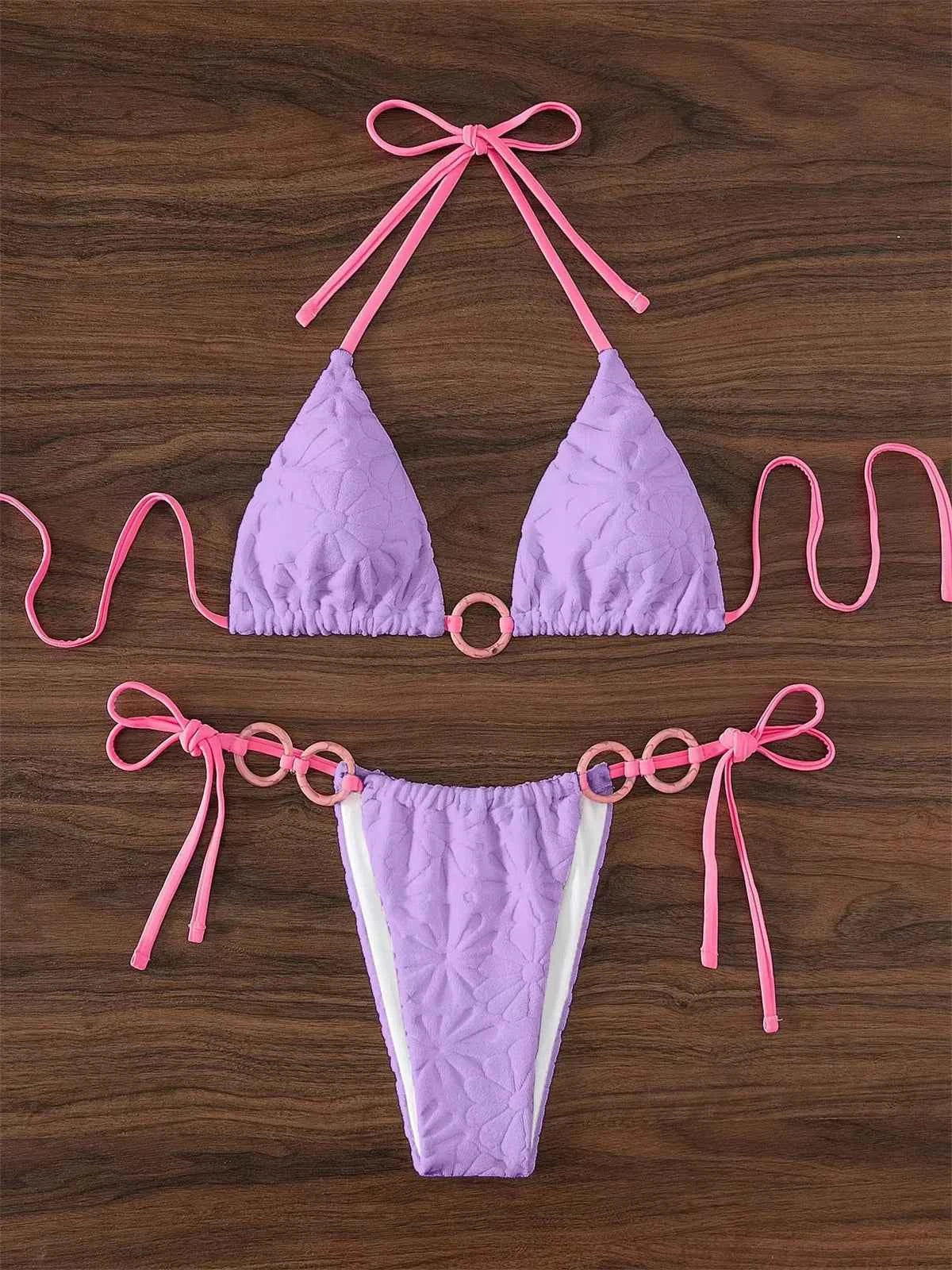 Sexy Triangle Bikini Women White Contrast Ring Linked Criss Cross Micro Swimsuit 2024 Beach Bathing Suit Tie Side Thong Swimwear