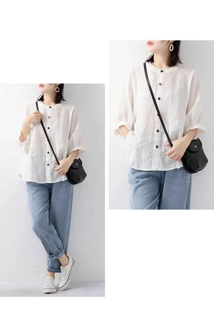 Cotton and linen shirt women's spring and summer thin solid color lantern sleeve stand collar top loose large size shirt