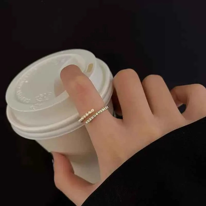 Light Luxury Micro Rhinestone Rings for Woman Gold-color Elegant Simulated Pearl Open Ring Party Wedding Stackable Ring Jewelry