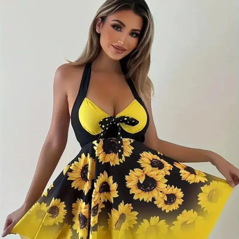 New 2025 Women's Two-Piece Bikini Set Yellow Sunflower Print Maxi Dress Style Swimsuit Floral Patterned Separate Swimsuit