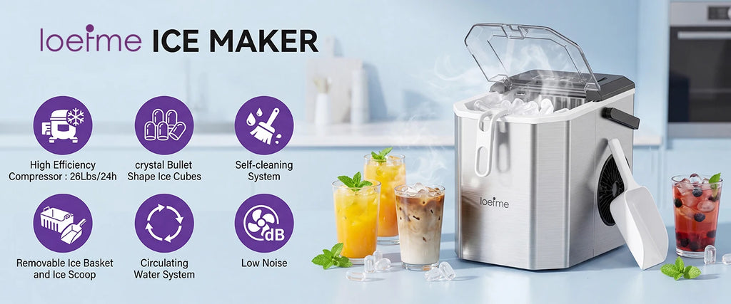 LOEFME 12kg/24h Electric Ice Maker Machine Bullet Ice 6 Mins 9pcs Ice Cubes Self-Cleaning Ice Maker for Home Cafes Camping Party