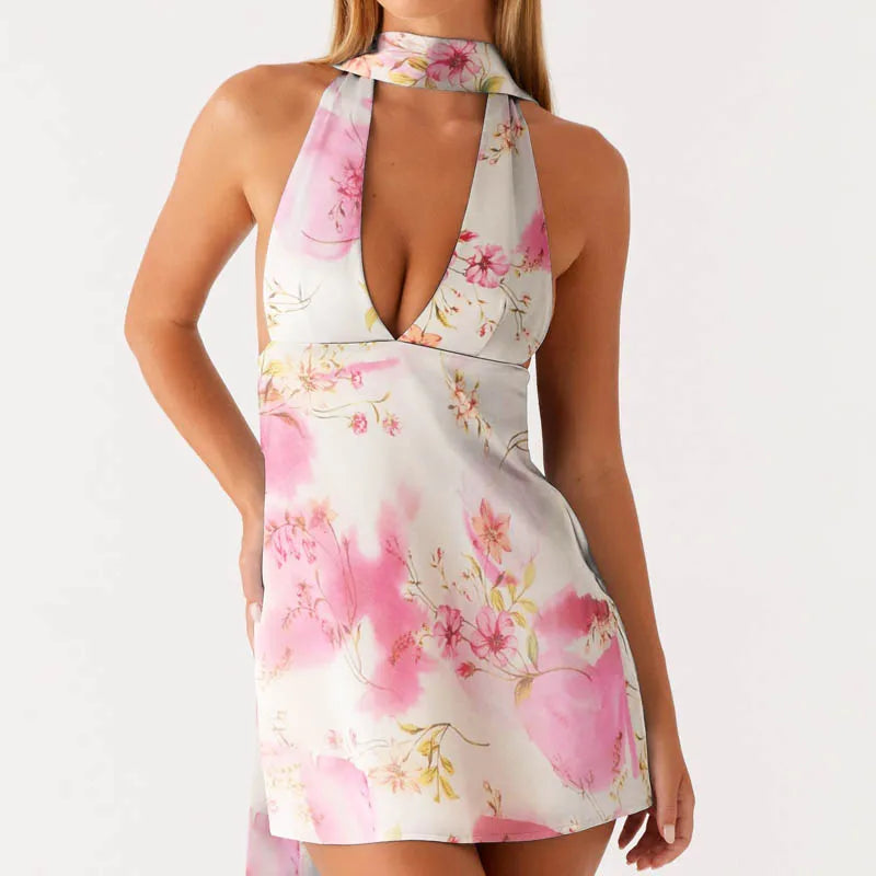 Maemukilabe Y2k Sexy Backless Short Dresses Lady Silk Satin Halter Mini Bodycon Dress with Scarf Women Club Party Night Dress