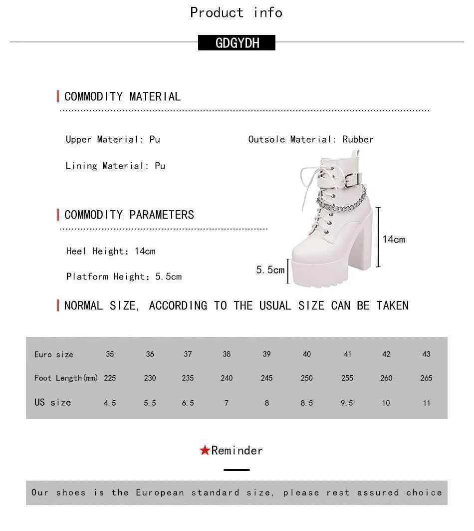 Gdgydh Gothic Buckle Strap Ankle Boots Women Faux Leather Platform Block Chunky Heels Chain Ultra High Heels Motorcycle Boots
