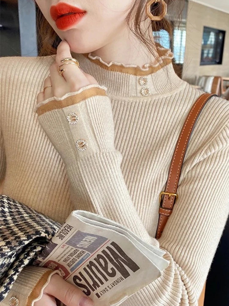 2026 Knitted Women Sweater O-neck Button Pullovers Autumn Winter Basic Sweaters for Female Pullover Slim Solid Bold Lace Tops