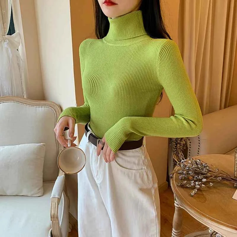 2026 Autumn Winter Women Long Sleeve Knitted Foldover Turtleneck Ribbed Pull Sweater Soft Warm Femme Jumper Pullover Clothes