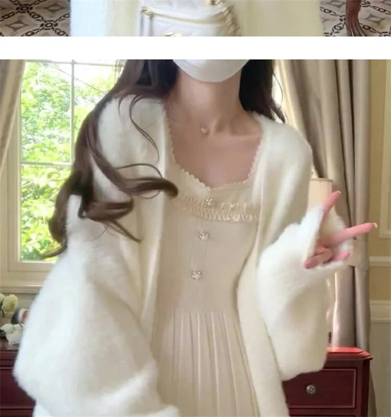 White Gentle Mink Fur Sweater Knitted Cardigan Women's 2024 Autumn Winter New Loose Versatile mid to long Lazy Milk fufu Jacket