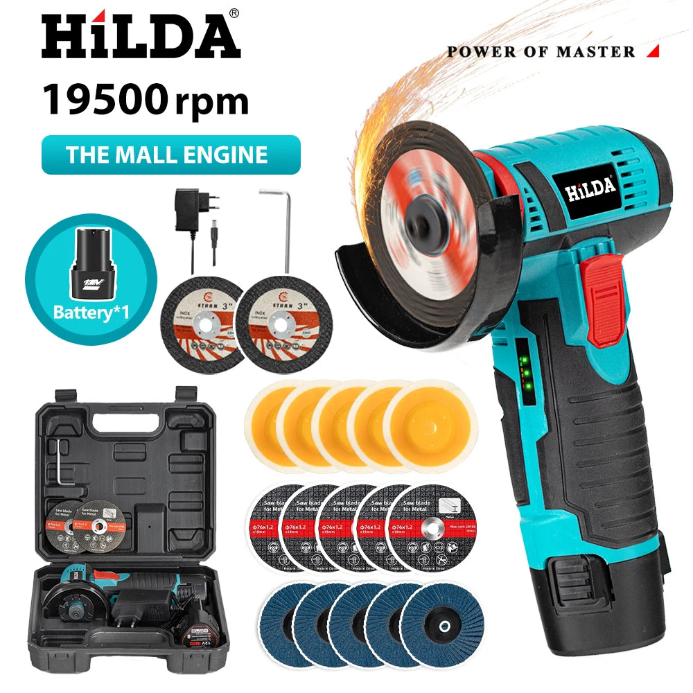 HILDA 3 inch 12V Miniature Rechargeable Angle Grinder with Battery Cutting Blade Polishing Grinder for Cutting Diamond Cordless