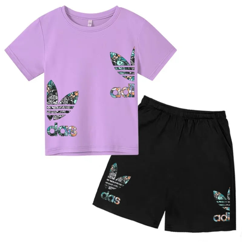 Kids T-shirt Set Colorful Letter Print Boys Girls 3-12Yrs Gift Short-sleeved+shorts 2P Round Neck Sports Casual Charming Clothes
