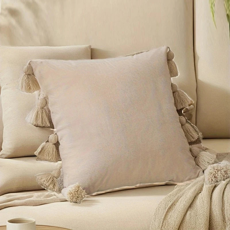 1pcSolid Decorative Throw Pillow Cover with Tassels Boho Accent Cushion Case for Couch Bedroom Car