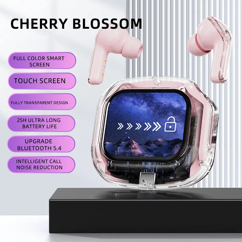 pink Color TWS Bluetooth Earbuds With LCD Screen And Noise Cancellation