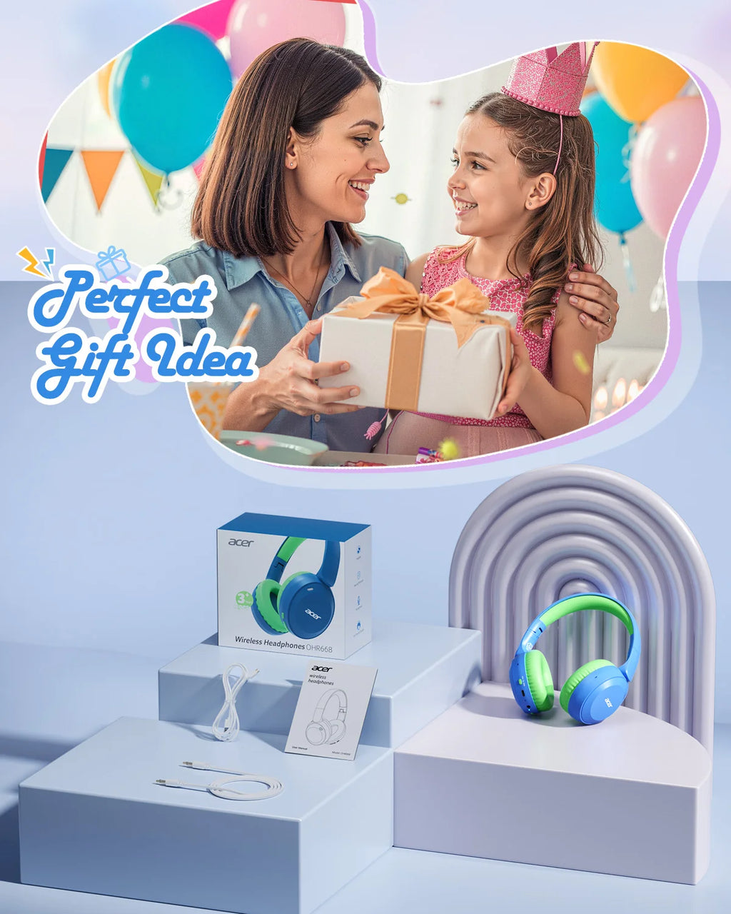 Acer Kids Bluetooth 6.0 Headphones with Built-in Mic 85/94dB Volume Limited Lightweight Over-Ear Wireless Headphones for Kids