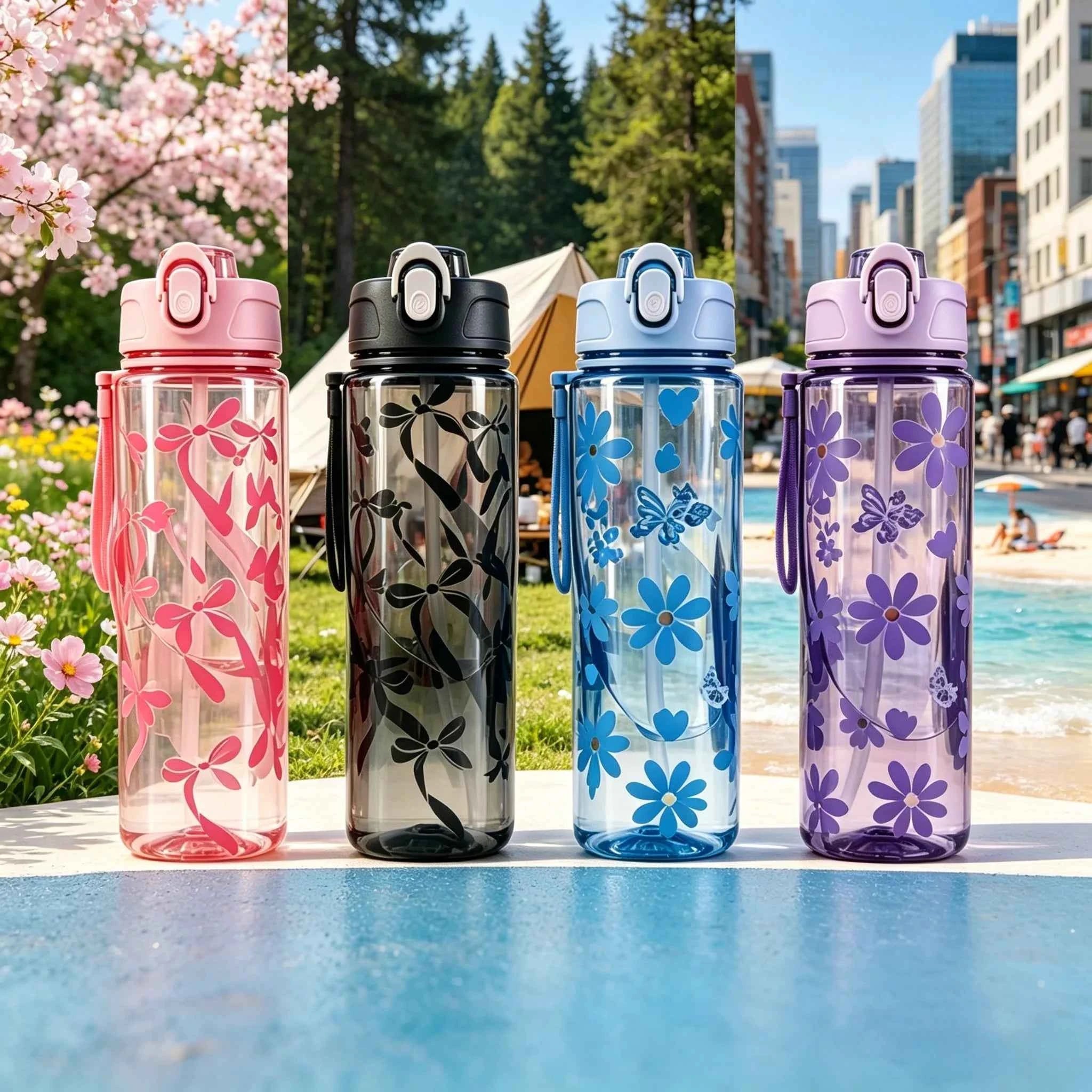 Water Bottle with Full Print of Flowers and Bowknot Patterns, Trendy & Stylish, Lightweight with Portable Lanyard, Durable
