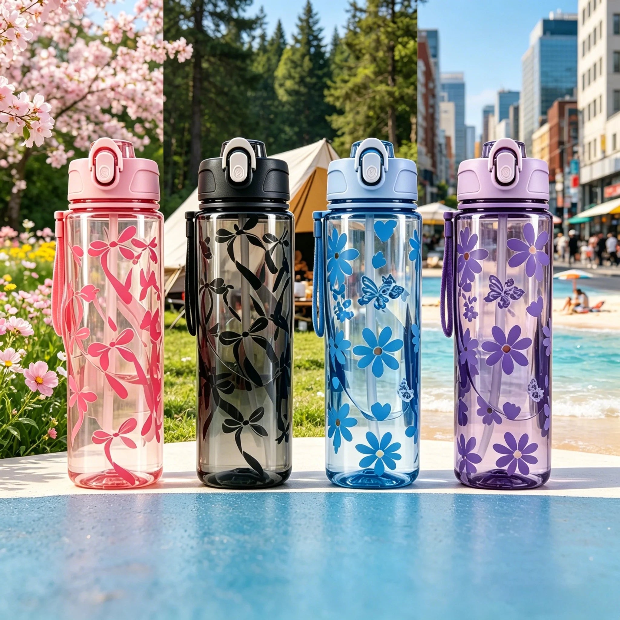 Water Bottle with Full Print of Flowers and Bowknot Patterns, Trendy & Stylish, Lightweight with Portable Lanyard, Durable