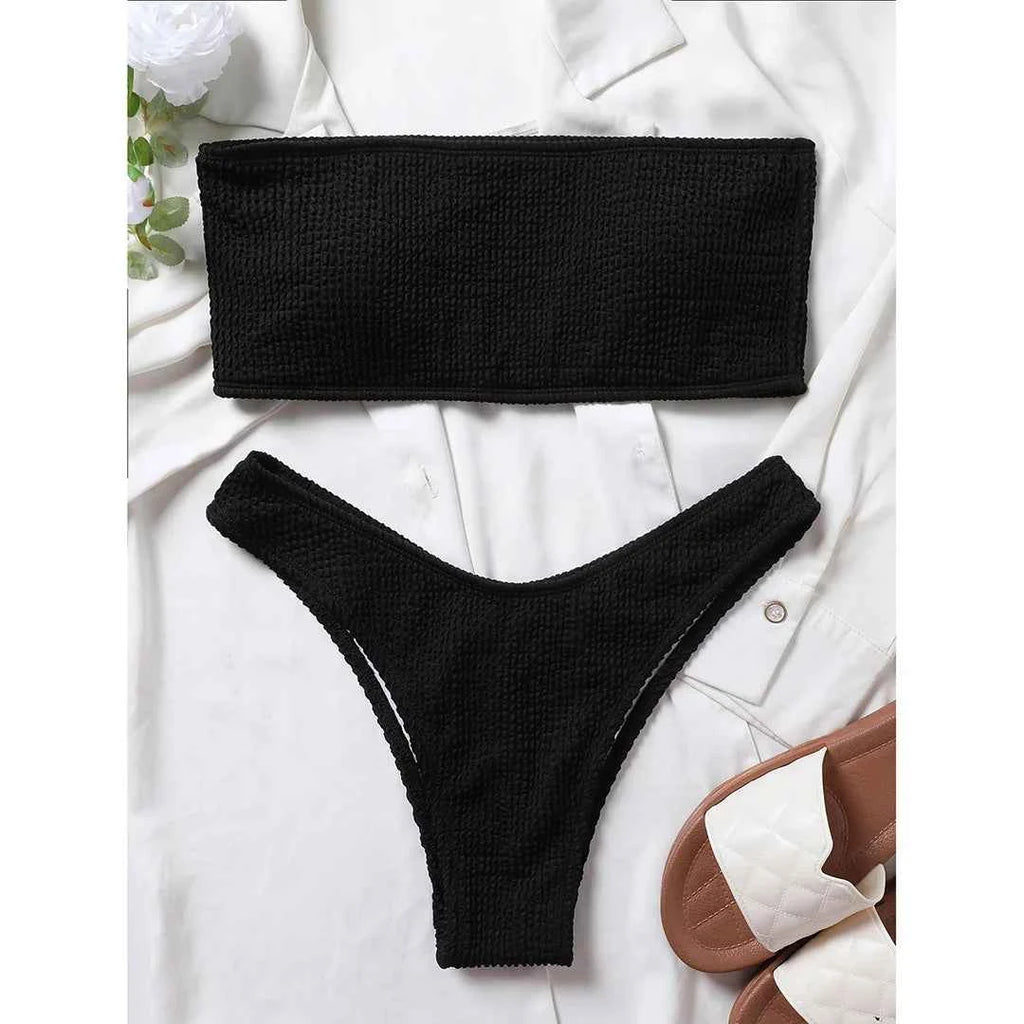 Bandeau Wrinkled Crinkled Bikini Female Swimsuit Women Swimwear Two-pieces Bikini set High Cut Bather Bathing Suit Swim V3314