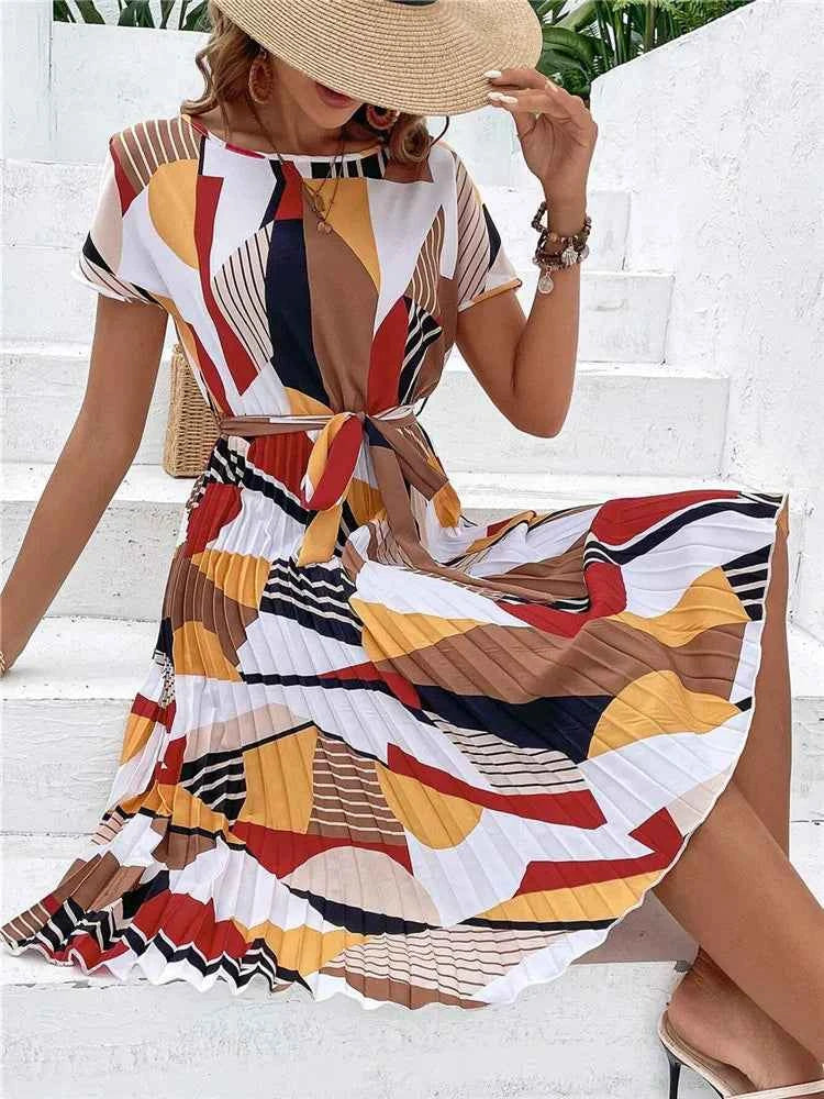 Ficusrong Fashion Floral Pleated A Line Long Dress Women Spring Summer Short Sleeve High Waist Chic Dress