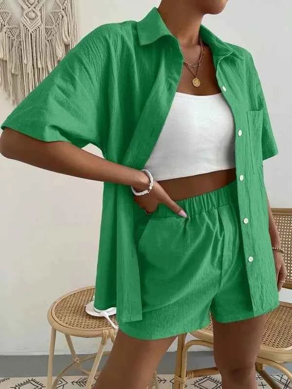 Women's Cotton Suit  Short Sleeve Casual Elegant Green Soild Two Piece Set Women Outfit Suit Shorts and Shirt for Women