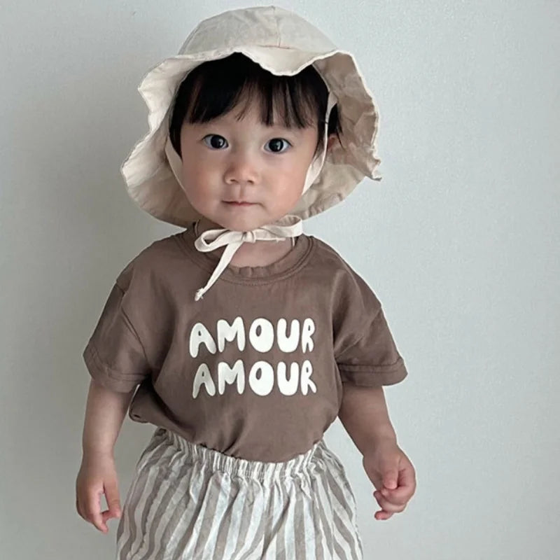 Summer Korean Style Kids T-Shirt Letter Print Cotton Short Sleeve Children Top Solid Color Thin Soft Clothes for Boys Girls