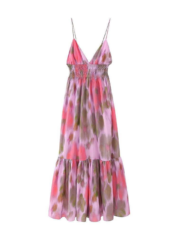 Willshela Women Fashion Printed Elastic Waist Backless Lace Up Midi Dress Vintage Thin Straps V-Neck Female Chic Lady Dresses