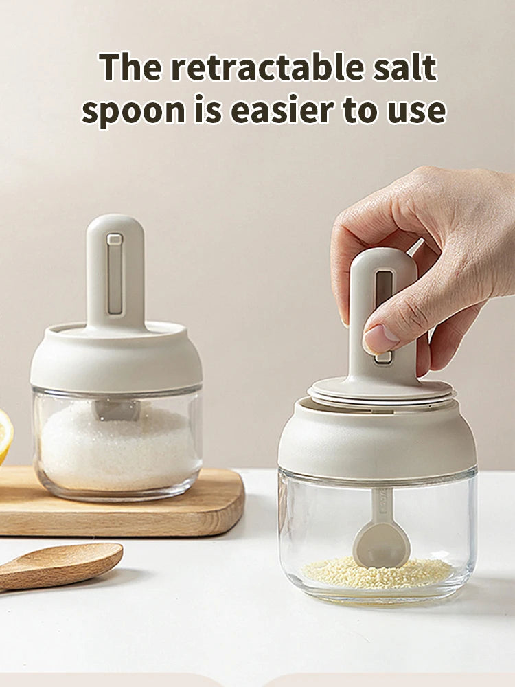 1/3 pcs Glass Seasoning Bottle With Telescopic Spoon Household Kitchen Salt Storage Box Leak Proof and Moisture-proof