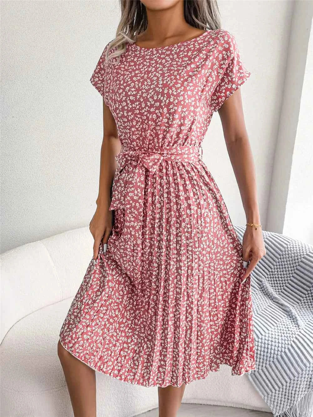 Ficusrong Fashion Floral Pleated A Line Long Dress Women Spring Summer Short Sleeve High Waist Chic Dress