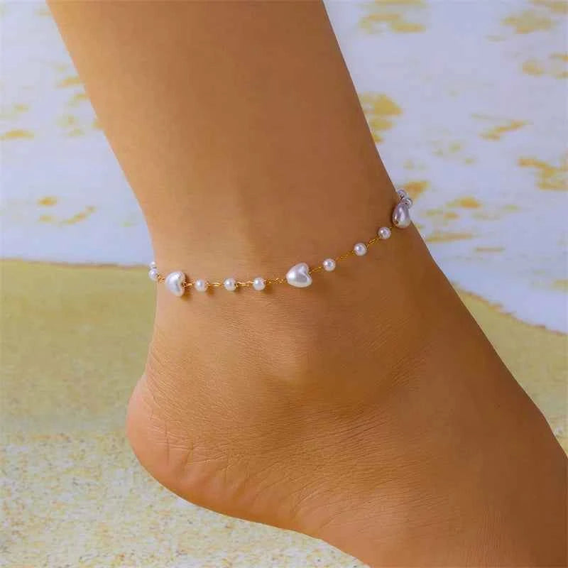 Minimalist Star Heart Anklet for Women Charm Simple Imitation Pearl Link Chain On Barefoot Bracelet Handmade Jewelry Gift