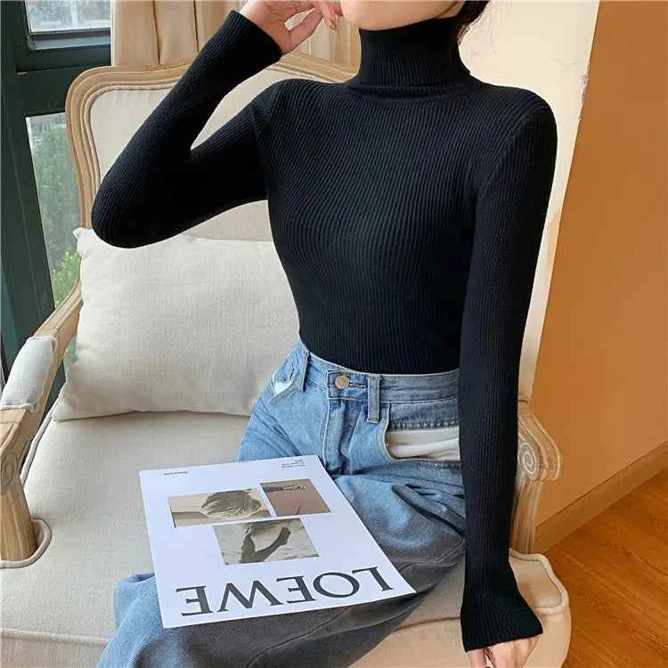 2026 Autumn Winter Women Long Sleeve Knitted Foldover Turtleneck Ribbed Pull Sweater Soft Warm Femme Jumper Pullover Clothes
