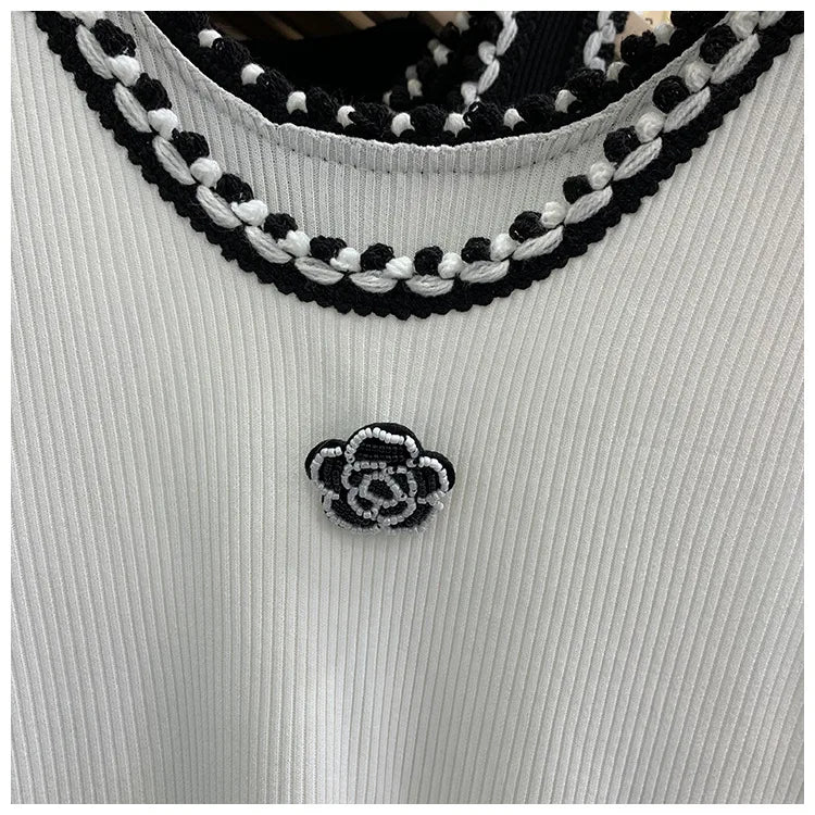 Women Summer Thin Curved Beads Knitted Vest Sleeveless Knit Camisole Tops Female O-Neck Outer Wear Inner Top Tank Rose