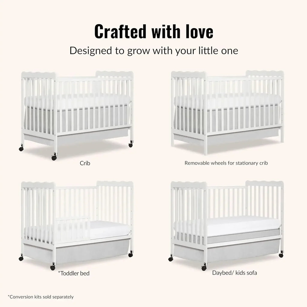 Carson Classic 3-in-1 Convertible Full-Size Baby Crib in White, GreenGuard Gold & JPMA, 4 Mattress Heights, Converts to Day