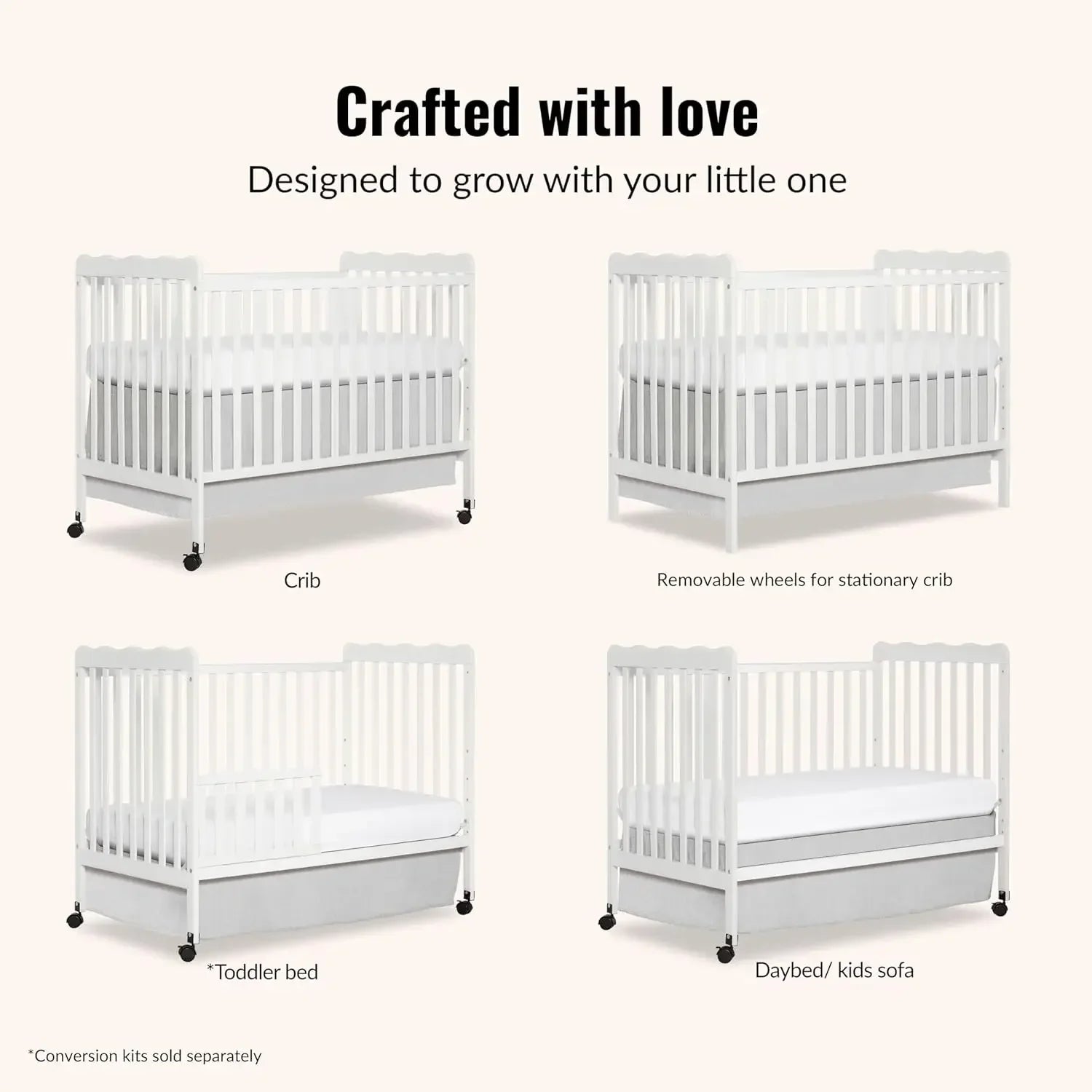 Carson Classic 3-in-1 Convertible Full-Size Baby Crib in White, GreenGuard Gold & JPMA, 4 Mattress Heights, Converts to Day